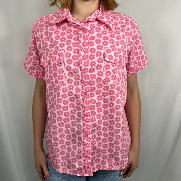 Vintage Mainstreet Blues Pink Floral Short Sleeve Button-Up Shirt 100% Cotton - Picture 1 of 6